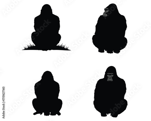 Collection of four distinct black gorilla silhouettes in various seated contemplative poses against a white background