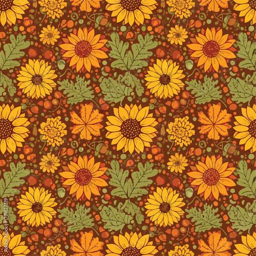 Autumn themed seamless pattern with sunflowers and oak leaves in warm colors, seamless pattern, royalty stock.