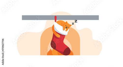 Cute cat sleeping inside a Christmas stocking.