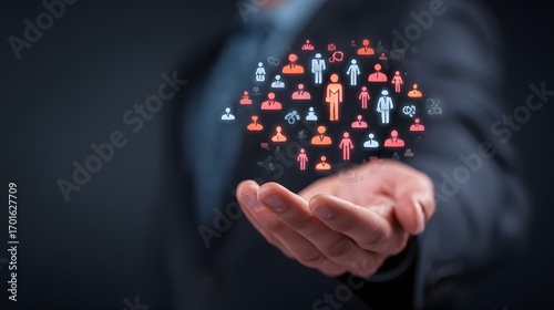 A business professional holding an open hand with colorful icons representing people and social connections above it, symbolizing networking and community
