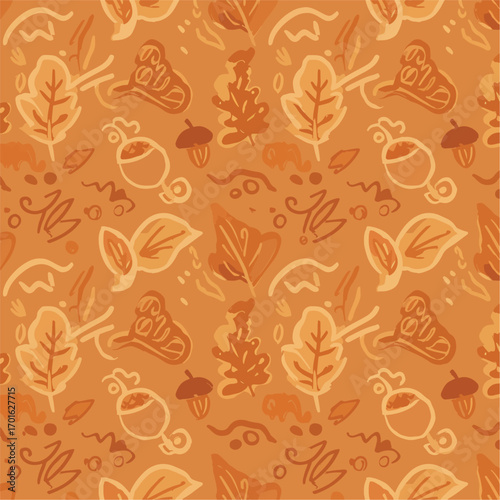 Autumn themed seamless pattern featuring leaves acorns and abstract shapes, patern seamless, Stock royalty.