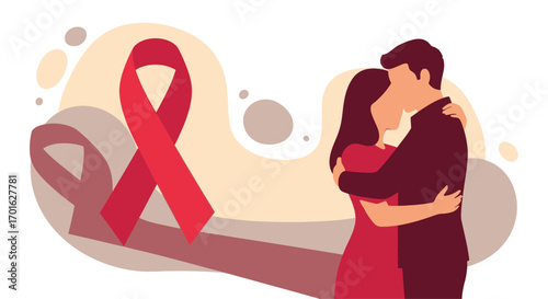 Couple embracing with a red ribbon, symbolizing AIDS awareness and support.