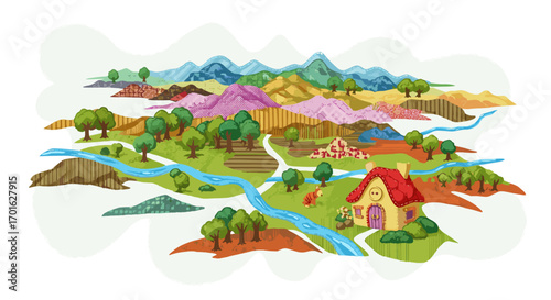 Charming cartoon landscape with rolling hills and a cozy house.