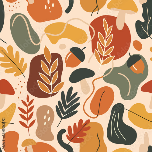 Autumn seamless pattern featuring leaves, acorns and mushrooms in warm tones, seamless pattern, Stock royalty free image.