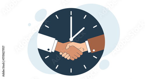 Business handshake on a clock face representing time and agreement.