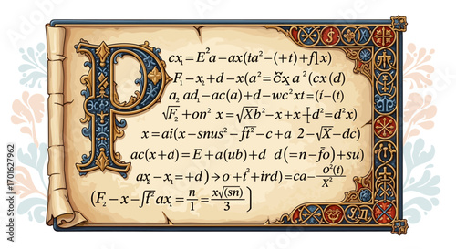 Ancient Scroll with Mathematical Equations and Illuminated Letter P.