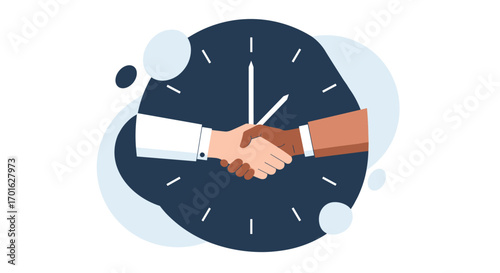 Business handshake in front of a clock symbolizing time and agreement.