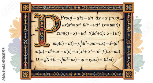 Old Parchment with Mathematical Proof and Decorative Border.