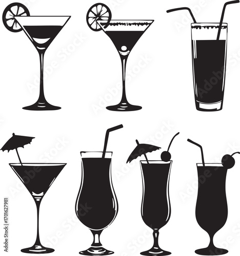 Set of 6 cocktail glass silhouettes with garnishes black and white illustration for mixology, bar, and drink design themes