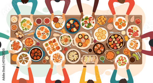 Top view of diverse people enjoying a large feast together around a table.