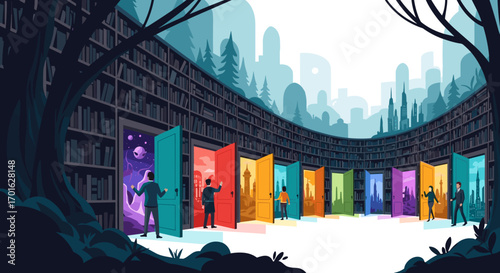A circular library with many doors leading to different worlds.
