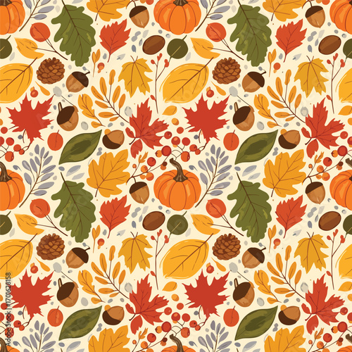 Autumn harvest pattern featuring pumpkins, leaves, acorns, and pine cones design, patern seamless, Stock royalty image.