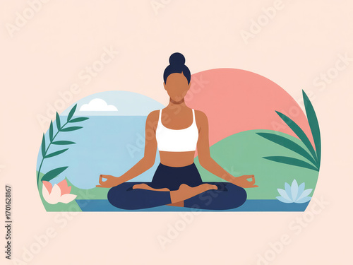 Yoga meditation woman practicing mindfulness and relaxation in lotus pose, flat vector illustration, healthy lifestyle and wellness concept with calm background, peaceful exercise for balance and harm