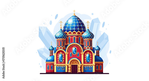 Colorful Russian Orthodox Church with Blue Domes.