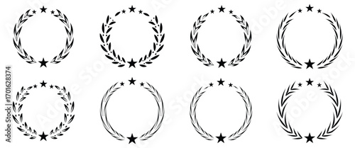 Vintage Laurel Wreath Icon Set – Black Olive Branch Circular Awards and Victory Symbols"