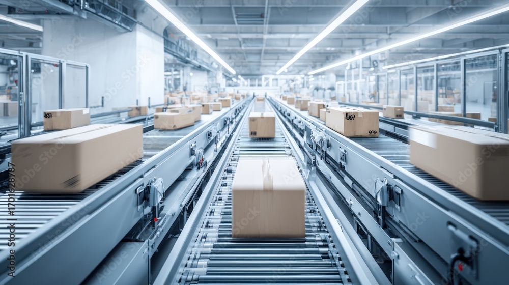 Fototapeta premium Automated Conveyor System with Cardboard Boxes for Distribution and Logistics Operations in a Modern Warehouse