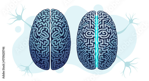 Two Brains Maze Concept With Glowing Center.