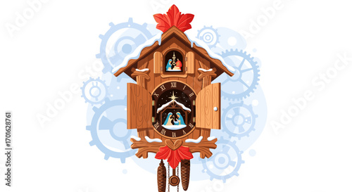 Traditional Cuckoo Clock with Intricate Details and Gears.