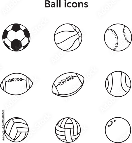 Set of 9 sports ball icons black and white line art illustration for athletic, game, and recreational design themes