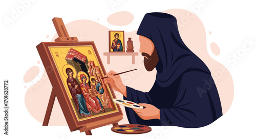 Monk painting religious icon on easel in studio.