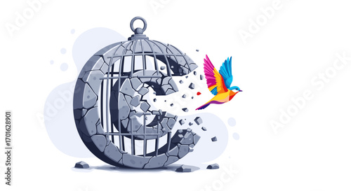 Bird escaping from a broken cage symbolizing freedom and new beginnings.