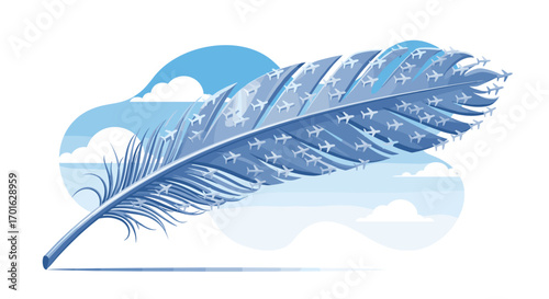 A blue feather with stars floats above clouds and sky.