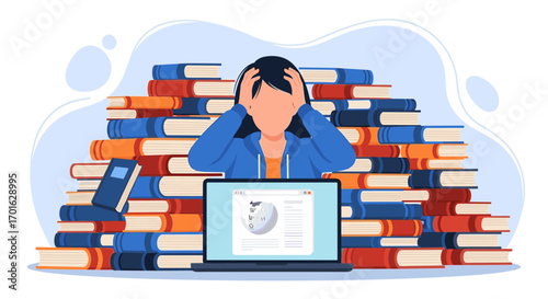 Student overwhelmed by books and laptop studying hard.
