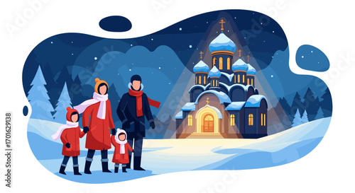 Family visiting a beautiful church in a snowy winter landscape.