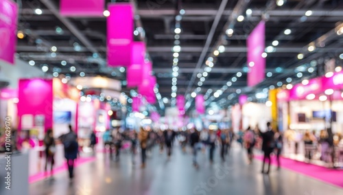 Blurred view of a bustling exhibition hall