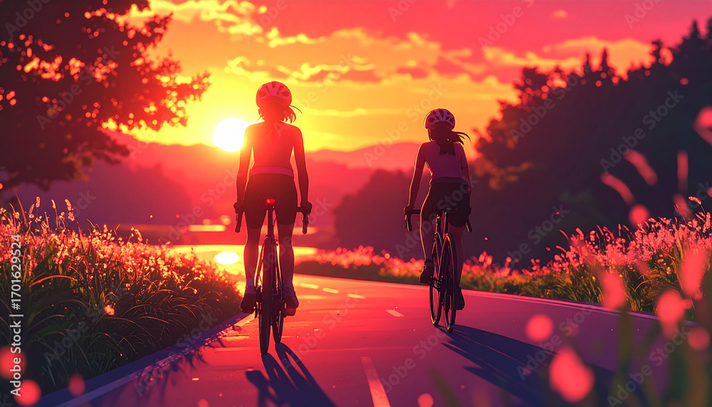 Fototapeta premium 夕焼けの中をサイクリングする二人の女性