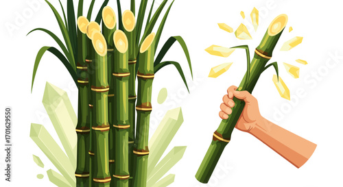 Sugarcane stalks and a hand holding a stalk.