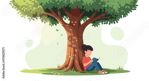 A young girl sits peacefully under a large tree reading a book.