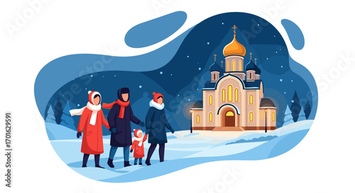 Winter scene with people walking towards a church.