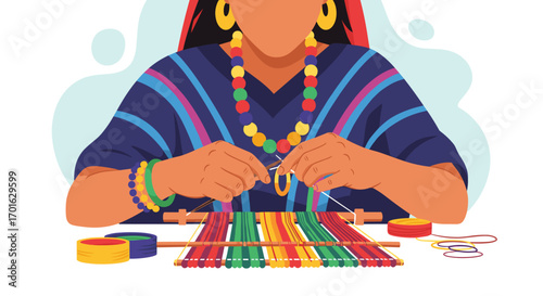 Woman crafting colorful woven bracelet with beads and threads.