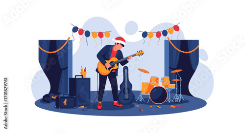 Musician Playing Guitar on Stage with Christmas Hat and Decorations.