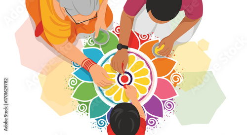 Family creating a colorful rangoli during a festival celebration.