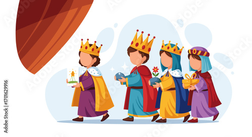 Illustration of the Three Wise Men walking with gifts.