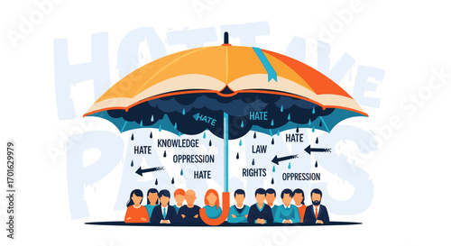 People Protected Under Umbrella From Negative Words Like Hate And Oppression.