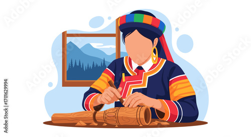 Woman in Traditional Clothing Crafting Bamboo.