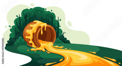 A clay pot tipped over spilling golden honey onto green grass and foliage.