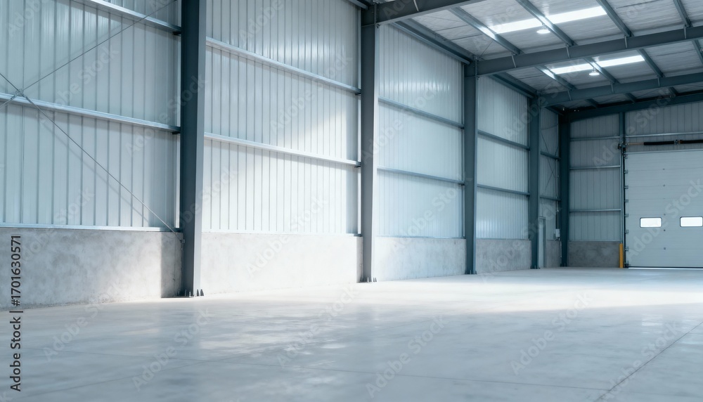 Fototapeta premium Spacious industrial warehouse interior featuring modern steel structure, concrete floor, and ample natural light