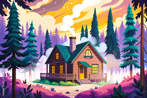 Rustic wooden cabin in foggy forest vector, mysterious atmosphere with pine trees and vintage architecture