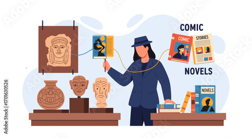 Woman examining comic books and ancient artifacts in a museum setting.