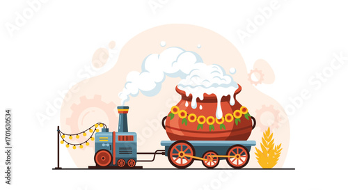 A whimsical train carries a giant pot of frothy liquid adorned with sunflowers.