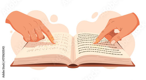 Two hands pointing at an open book with musical notes.