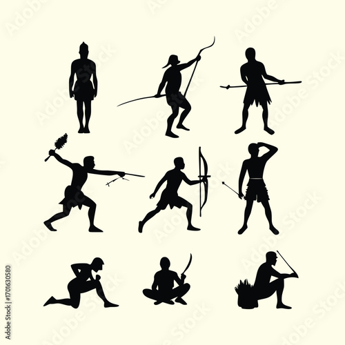 Silhouette Collection of Ancient Hunters with Spears and Bows in Various Poses