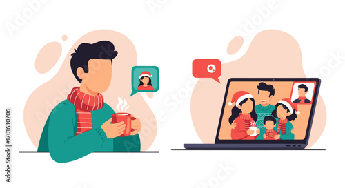 Man holding hot drink video calling family during holidays.