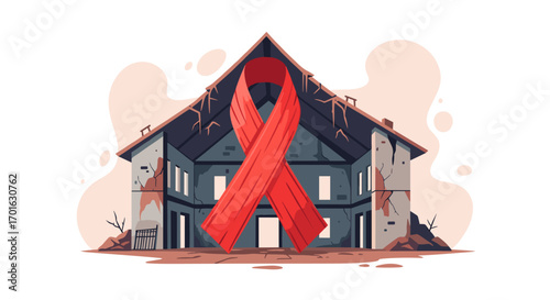 Red Ribbon AIDS Awareness Symbol Over Abandoned House.