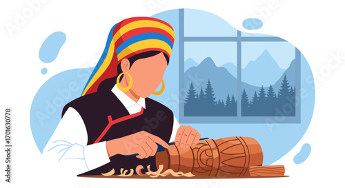 Woman in Traditional Clothing Carving Wood.