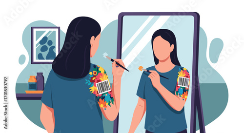 Woman applying makeup in front of mirror with barcode tattoo.